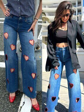 Alice + Olivia Karrie Red Heart Jean Denim Embroidered Cutout Wide Leg Size 32